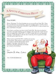 a christmas letter to santa claus is shown in this image, with the message below it