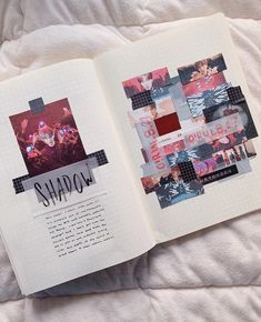 an open book with pictures on it sitting on top of a white bed covered in sheets