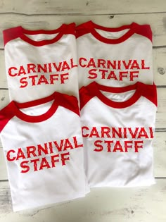 three red and white shirts that say carnival staff