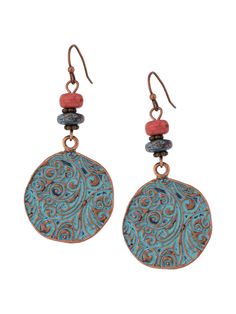 PRICES MAY VARY. ELABORATE ARTISTIC ENGRAVINGS: These disc earrings boast meticulous engravings, capturing the essence of bohemian artistry and creating a textured backdrop for the vibrant beadwork. ECLECTIC BEADWORK FUSION: The earrings are adorned with beads in shades of red and turquoise, lending a spirited and colorful contrast to the earthy copper-tone discs. WARM VINTAGE PATINA: Each earring carries a copper-tone finish, evoking the rustic charm of antique jewelry and enriching the overall Adjustable Bohemian Patina Earrings, Bohemian Hand-tooled Drop Earrings, Bohemian Teardrop Jewelry With Artistic Design, Bohemian Etched Teardrop Jewelry, Bohemian Turquoise Jewelry With Artistic Design, Bohemian Drop Earrings With Etched Details, Bohemian Etched Drop Earrings, Bohemian Etched Dangle Earrings, Blue Bohemian Hand-tooled Earrings