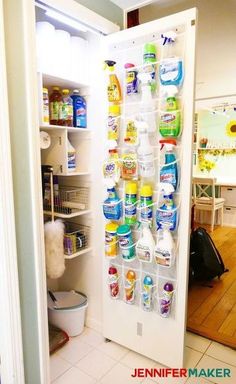 a refrigerator filled with lots of cleaning products