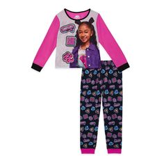 Lay Lay Girls Long Sleeve Pajamas Set, Size XS (4-5) Color Black  Calling all Lay Lay fans! This 2-piece Lay Lay pajama set is the perfect for sleep set for lounging around the house and watching That Girl Lay Lay. Included in the sleep set is a long sleeve top with contrast sleeves and an all-over printed jogger pant with contrast rib cuffs. The long sleeve top is made of a soft polyester jersey that will keep her comfortable all night long. The jogger pant is made of a cozy polyester brushed j Black Kids In Pajamas, Paw Patrol Pajamas, Boys Christmas Pajamas, Lay Lay, Flannel Coat, Long Sleeve Pajamas, Kids Flannel, Halloween Pajamas, Toddler Pajamas