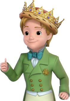 a cartoon character wearing a green suit and crown giving the thumbs up sign with both hands