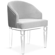 a white chair with clear legs and a grey upholstered back rest on a white background