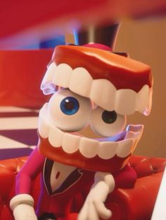 an animated character wearing a red suit and hat with big blue eyes sitting on a checkered floor