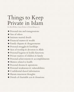 a list of things to keep private in islam