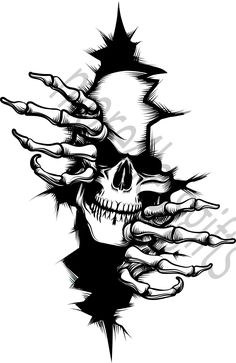 a drawing of a skull with hands coming out of it