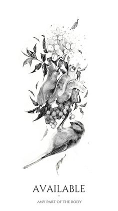 a black and white drawing of two birds with flowers in their beaks on top of each other