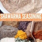 several different types of spices and seasonings on a white background with the words shawama seasoning