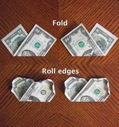 four stacks of money sitting on top of a table with the words fold and roll edges