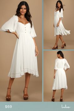 Our summer love has finally arrived in the form of the Lulus My Darling Love White Three-Quarter Sleeve Handkerchief Dress! Woven crepe fabric shapes this dress with a V-neckline and breezy, three-quarter sleeves with ruffled trim at the shoulders. A lightly gathered bodice, with a brown faux button placket, tops an elasticized waist before falling to a midi skirt with a handkerchief hem. Floral crochet trim accents the sleeves and hem. Fit: This garment fits true to size. Length: Knee to mid-ca Flowy A-line Midi Dress In Viscose, A-line Rayon Dress For Vacation, Flowy A-line Breezy Dress, Breezy Rayon Midi Dresses, Flowy Summer Midi Dress For Daywear, Summer Chiffon Midi Dress For Day Out, Bohemian Chiffon Midi Dress For Day Out, Bohemian Chiffon Midi Dress For Summer, Chiffon Midi Dress For Garden Party