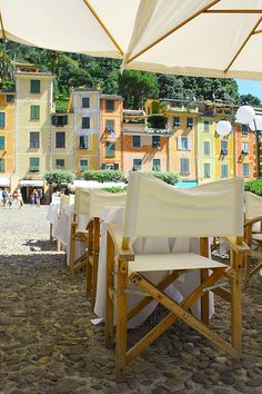 a collage of photos with chairs and umbrellas