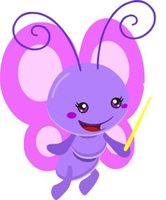 a cartoon purple butterfly holding a yellow stick