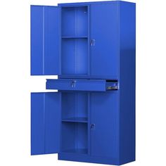 a blue metal storage cabinet with two doors and one door open on the left side