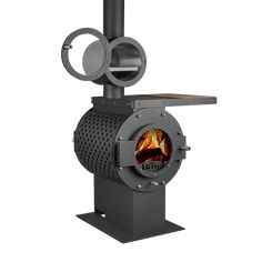 a large metal stove with a fire in it