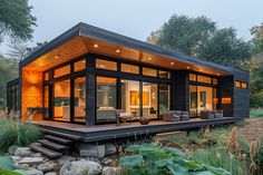 a modern house built on stilts in the woods