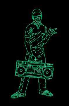 a drawing of a man holding a boombox and pointing to the side with his hand