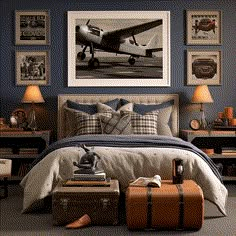 a bedroom with blue walls and pictures on the wall above the bed, luggage in front of the bed