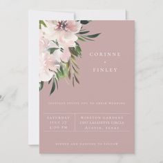 a wedding card with pink flowers and greenery on the front, in white ink