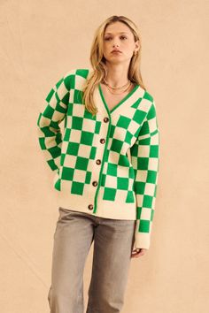 Step out in style with our Lawson Checkered Cardigan - Irish Check! This fun and bold cardigan features a bright green and cream hue, perfect for adding a pop of color to your wardrobe. With its oversized fit and button front, this cardigan is both trendy and versatile. Get ready to turn heads in this playful and stylish piece! 62% ACRYLIC 24% RECYCLED POLYESTER 10% WOOL 4% SPANDEX Knit Swimwear, Short Dresses Casual, Blazer And Shorts, Pattern Sweater, Romper Pants, Sweater Blouse, Check Pattern, Small Tops, Sweater Accessories