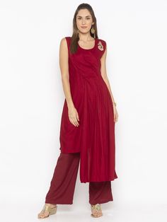 Maroonish Red Cotton Asymmetric Draped Style Kurta With EmbroideryOn Shoulder..Sleeveless. Readymade Salwar Kameez, Indian Party Wear