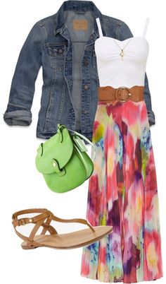 Stylist: Watercolors in this skirt, yes please. Watercolors anything. LOLO Moda: Elegant summer fashion for women LOVE this ... Dress and jacket together are adorable!! Maxi Rok, Green Purse, Style Inspiration Spring, Mode Casual, Maxi Skirts, Hippie Chic