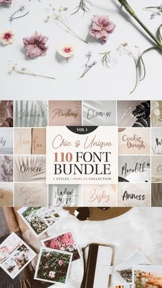 the font bundle is displayed with flowers and other items