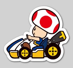 a sticker with an image of a man on a lawn mower wearing a mushroom hat