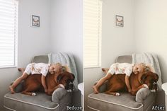 two pictures of a child and a dog laying on a couch in the same room