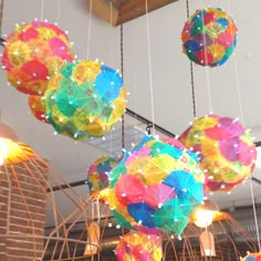 many colorful umbrellas hanging from the ceiling