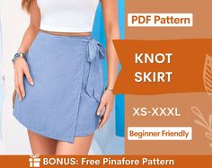 a woman in a white top and blue skirt with the text, knott skirt xs - xxl beginner friendly