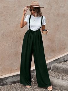 Verde Oscuro Casual Collar sin mangas Tela tricotada Liso Pantalones de tira Embellished No-Elástico Jumpsuit Winter, Spaghetti Strap Jumpsuit, Flowy Jumpsuit, Green Jumpsuit, Glam Style, Glam Fashion, Kids Beachwear, Long Pants, Fashion Online Shop