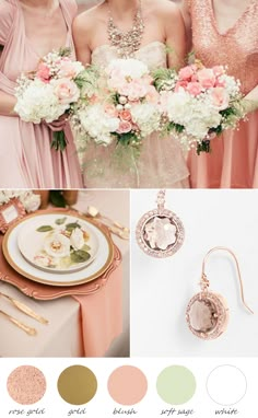 the bridesmaid's color palette is peach, green and white with gold accents