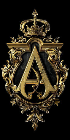 an ornate gold and black logo with the letter a in it's center surrounded by leaves