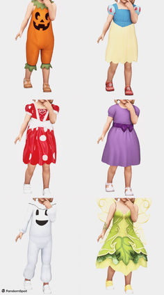 four different versions of children's halloween costumes, each with a pumpkin on the chest