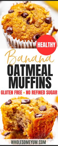 healthy banana oatmeal muffins with chocolate chips on top and text overlay