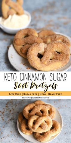 keto cinnamon sugar sugar pretzels on white plates with text overlay that reads, keto cinnamon sugar pretzels