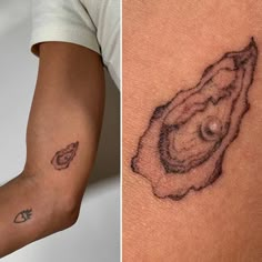 two different tattoos on the back of someone's arm, one with an image of a shell