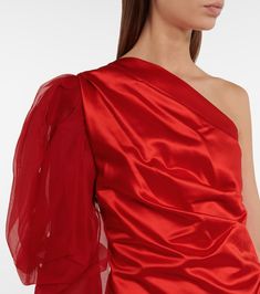 Cotton And Silk Satin Midi Dress in Red - Dries Van Noten | Mytheresa Tulle Sleeves, Red Midi, Satin Midi Dress, Red Midi Dress, Dries Van Noten, Cinched Waist, Silk Satin, One Shoulder Blouse, In Italy