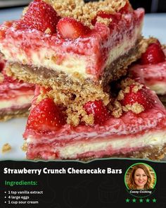 strawberry crunch cheesecake bars are stacked on top of each other