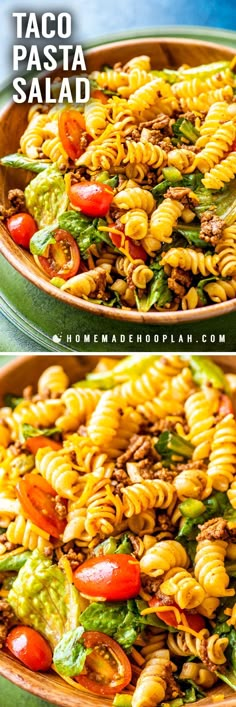 two pictures of pasta salad with tomatoes, lettuce and other vegetables in it