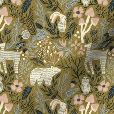 an image of a fabric with animals and flowers on it's side in gold