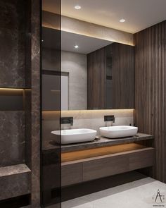 a bathroom with two sinks and mirrors in the wall next to a wooden paneled wall