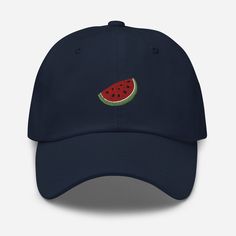 "Indulge in the freshness of summer with the Watermelon Embroidered Hat, a delightful blend of style and comfort. 🍉 🧵 Product Details: * Material: Crafted from 100% cotton twill, providing a soft and comfortable feel. * Design: Showcases a playful Watermelon embroidered motif, adding a touch of sweetness to your style. * Style: Features an unstructured, 6-panel, low-profile design for a laid-back and refreshing look. * Ventilation: Designed with 6 embroidered eyelets to ensure optimal airflow, Summer Beach Dad Hat With Embroidered Logo, Green Baseball Cap With Curved Bill For Summer, Green Curved Bill Baseball Cap For Summer, Cute Summer Baseball Cap, Summer Baseball Cap With Embroidered Logo And Curved Brim, Summer Embroidered Logo Baseball Cap, Trendy Summer Dad Hat With Curved Visor, Cute Summer Snapback Hat With Curved Brim, Embroidered Logo Baseball Cap For Summer