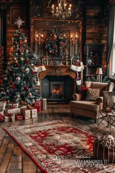 a living room filled with furniture and a christmas tree next to a fire place in a fireplace