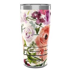 an image of a floral tumbler cup on a white background with purple and pink flowers