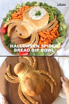 halloween spider bread dip bowl with broccoli, carrots and other vegetables on it