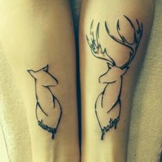 two deer tattoos on both legs