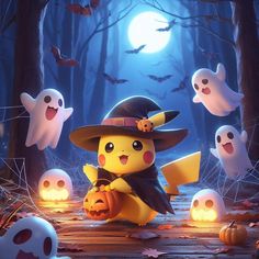 pikachu in a witches hat surrounded by ghost pumpkins