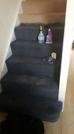 a black cat laying on the floor in front of a stair case with cleaning supplies next to it